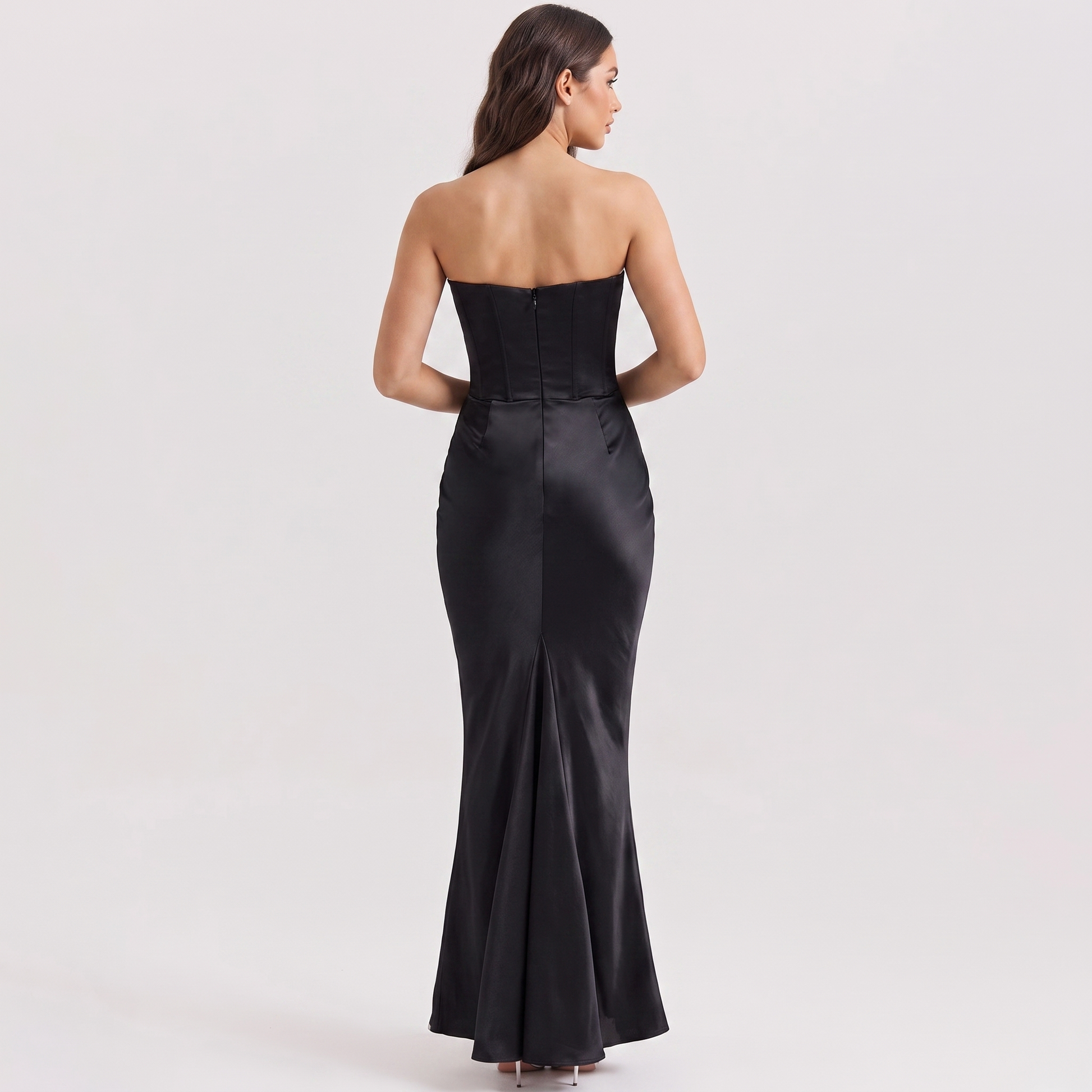 Black strapless corset fishtail gown back