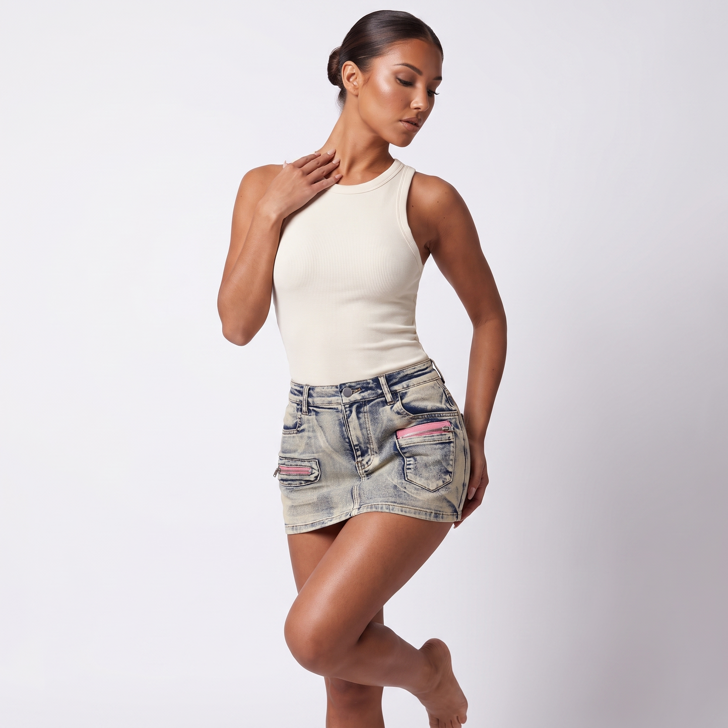 Maeve vintage washed denim skort - three-quarter view