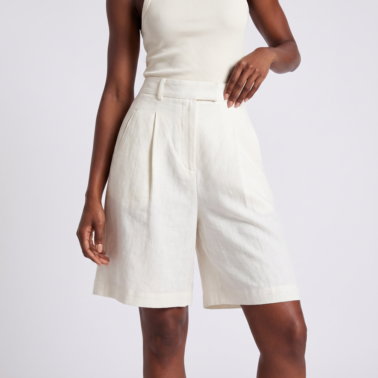 Maeve women's ivory linen blend high-waisted wide-leg shorts - front detail