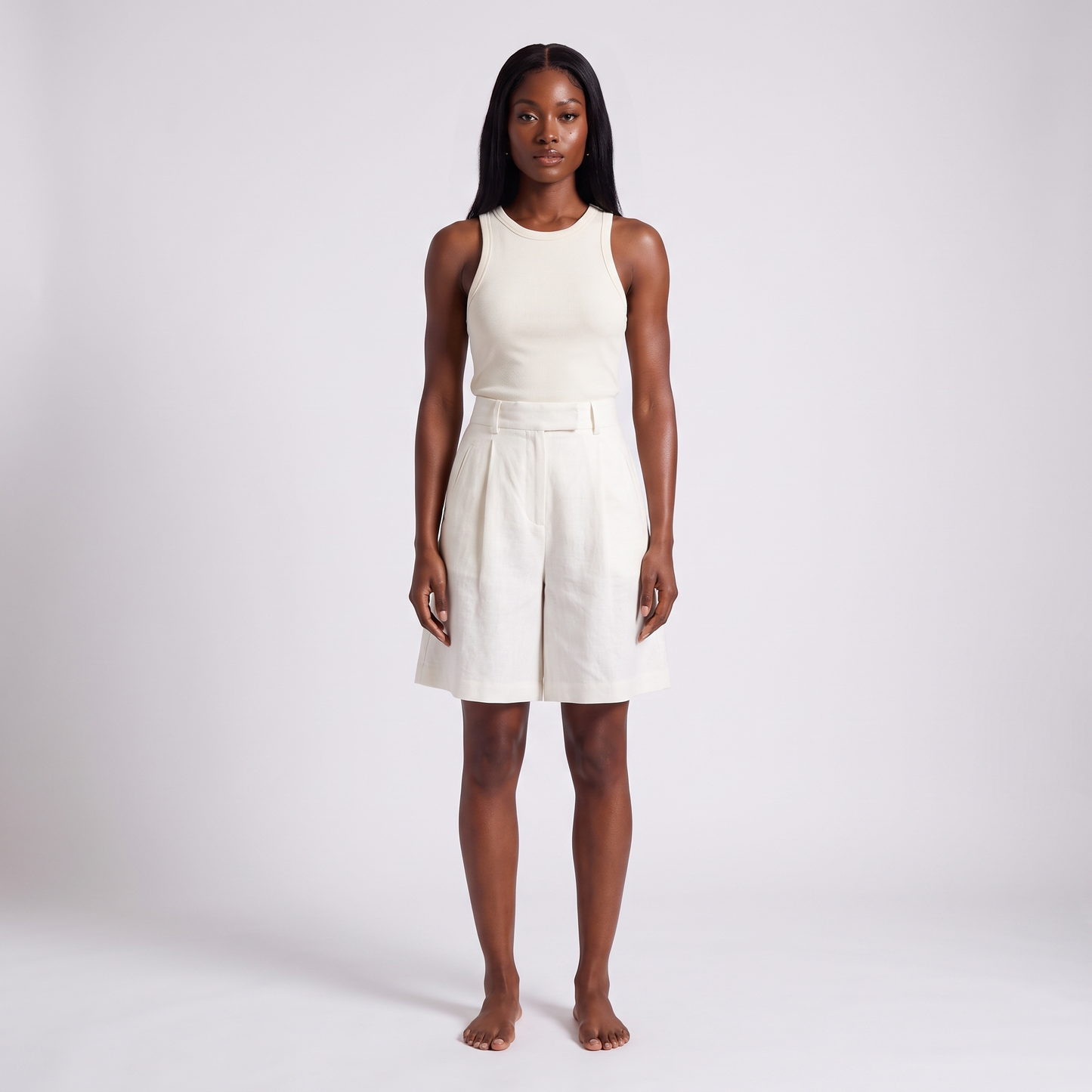 Maeve women's ivory linen blend wide-leg shorts worn full length