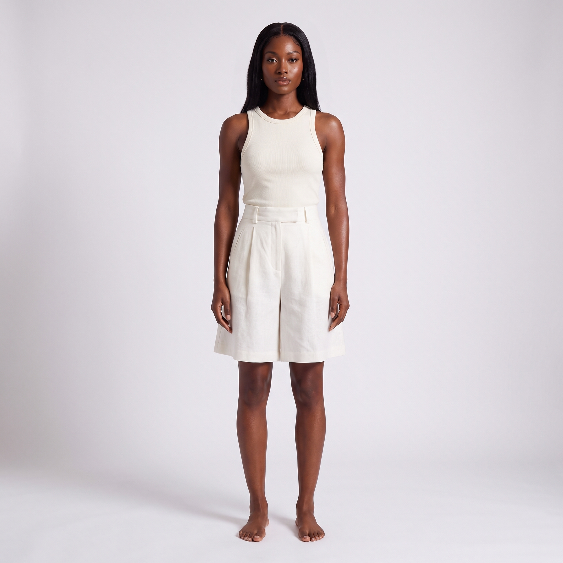 Maeve women's ivory linen blend wide-leg shorts worn full length