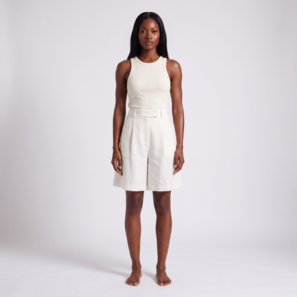 Maeve women's ivory linen blend wide-leg shorts worn full length