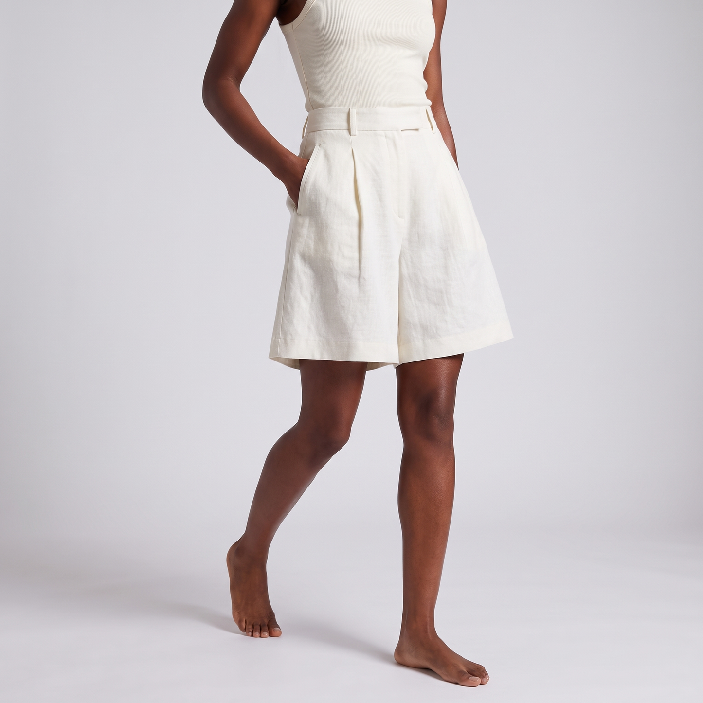 Maeve linen blend wide-leg shorts three-quarter view showing A-line flare