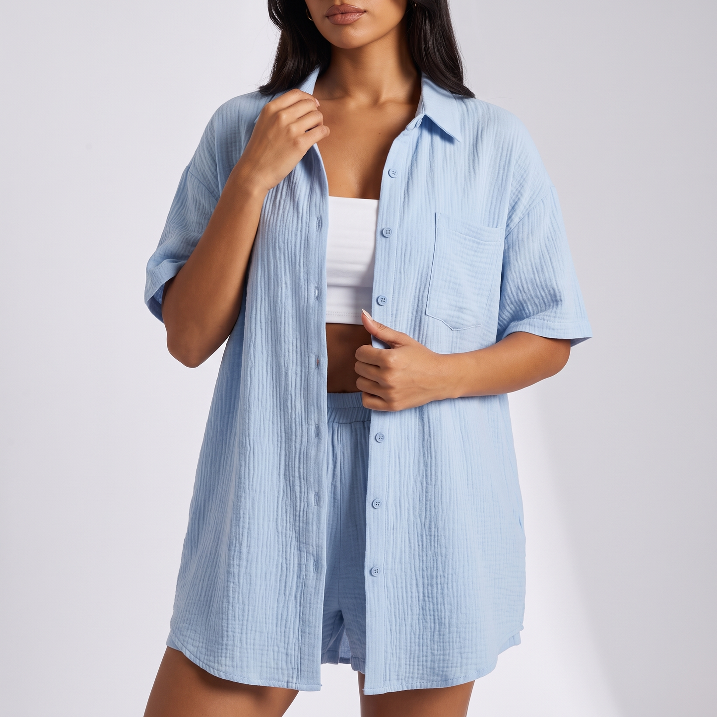 Maeve shorts set - oversized longline shirt detail with point collar, button placket and chest patch pocket