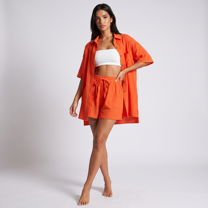 Maeve women's two-piece shorts set in tangerine red