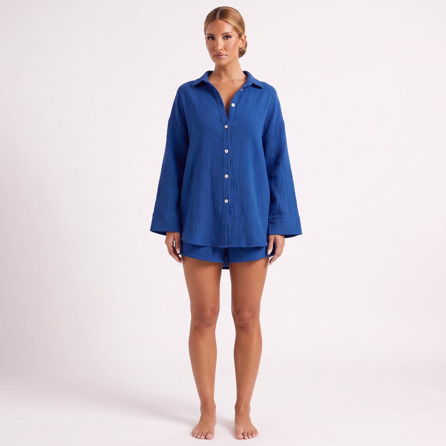 Dark Blue cotton gauze oversized shirt and shorts two-piece set, full look, front view