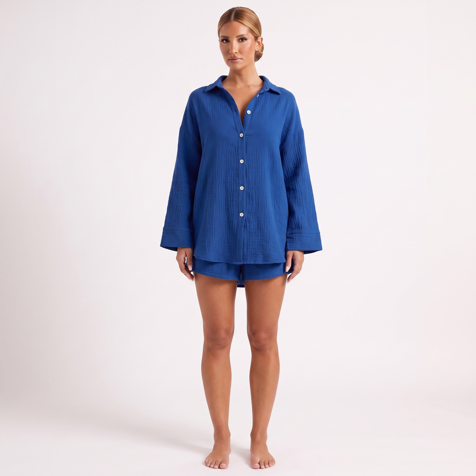 Dark Blue cotton gauze oversized shirt and shorts two-piece set, full look, front view