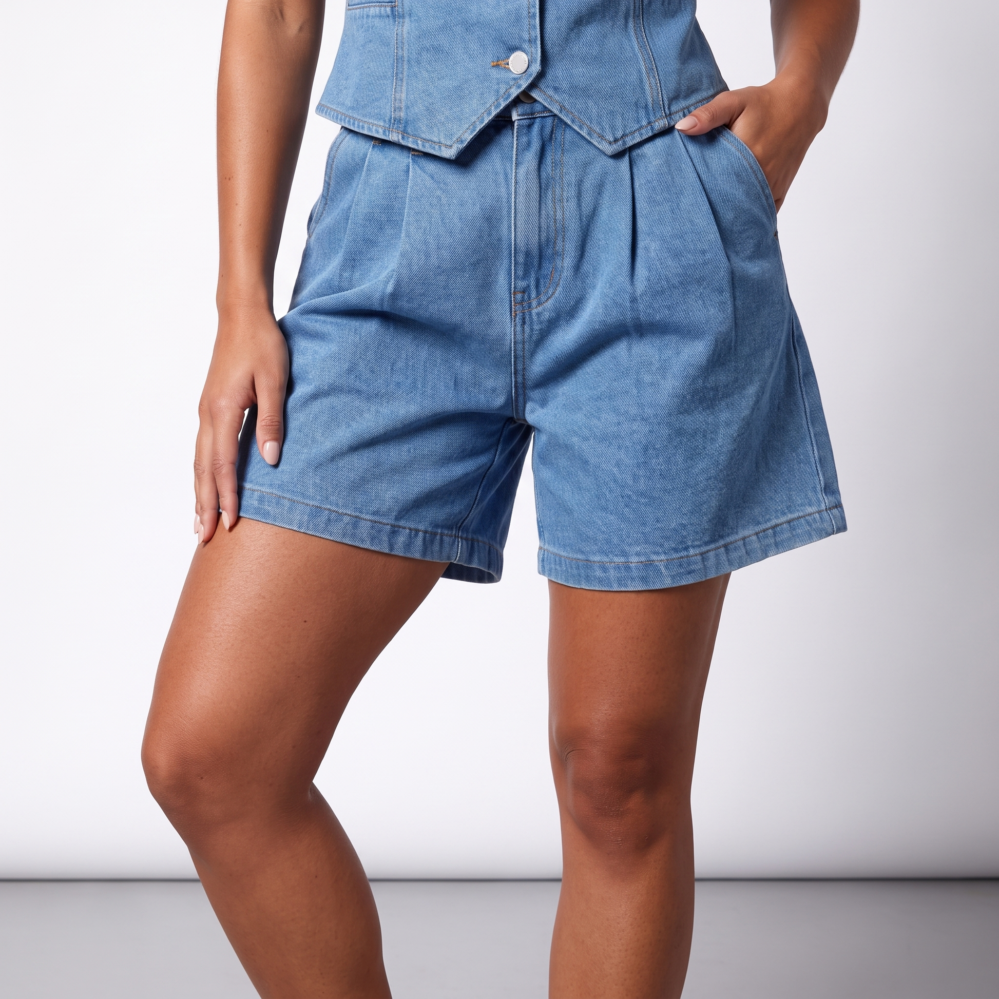 High-waist pleated denim shorts detail, Blue