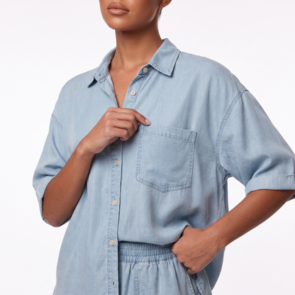 Oversized Tencel denim-look shirt detail - collar, placket and chest pocket