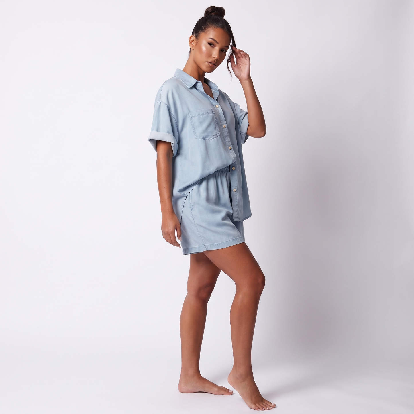Tencel denim-look two-piece set three-quarter view