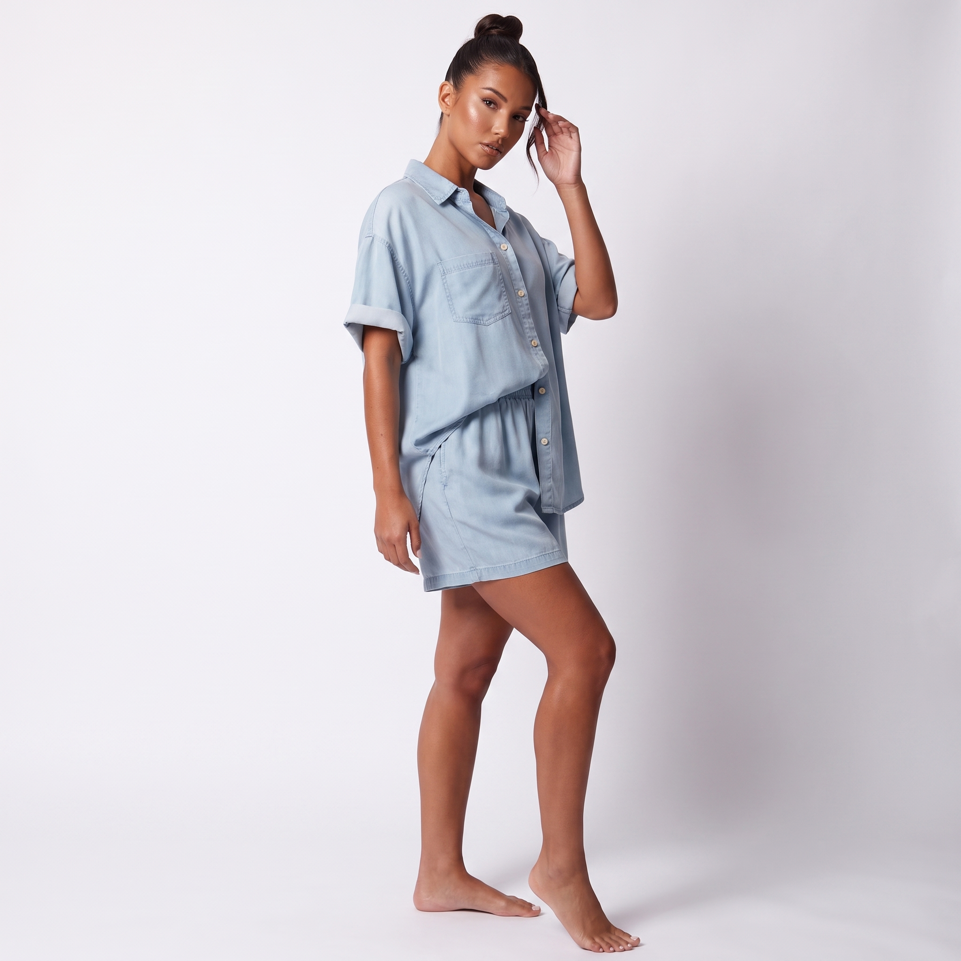 Tencel denim-look two-piece set three-quarter view