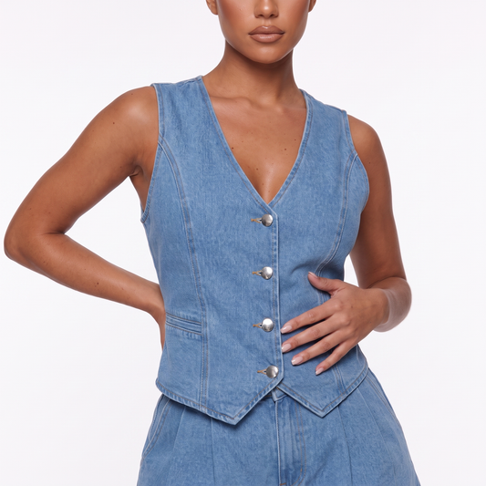Sleeveless denim waistcoat detail - four silver buttons, Blue