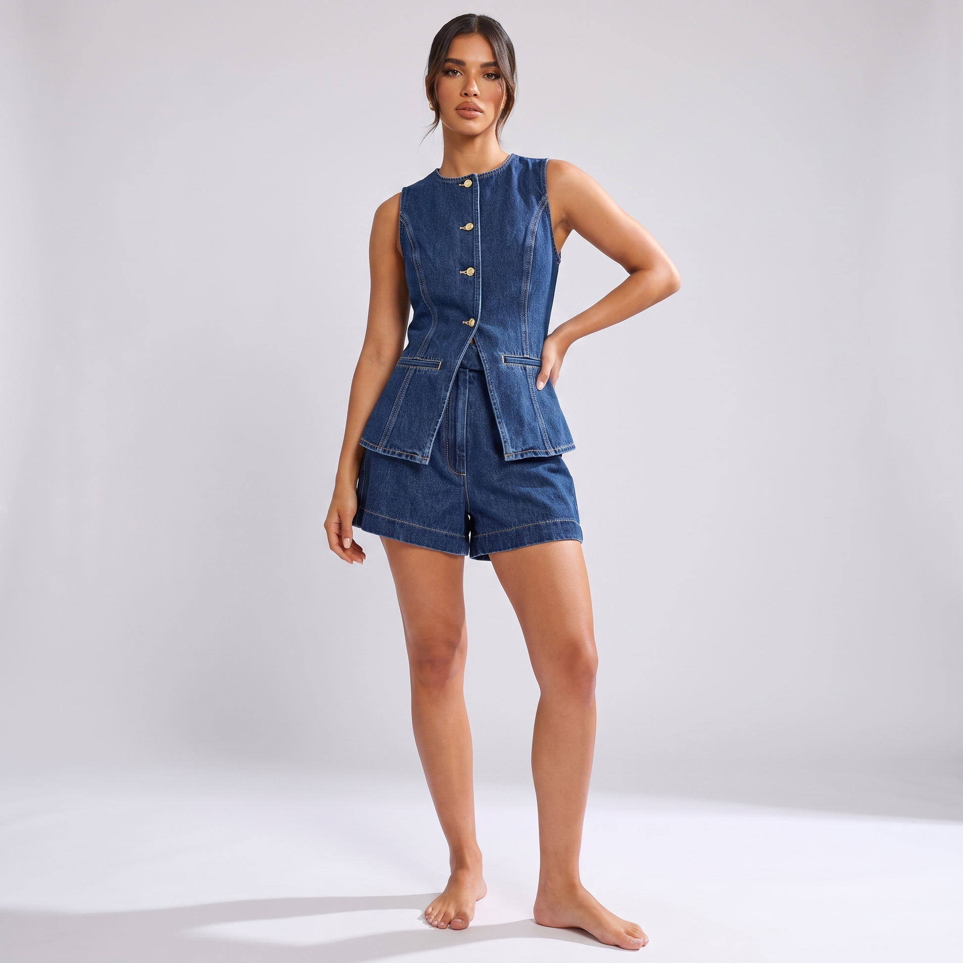 Maeve denim sleeveless top and shorts set - full look