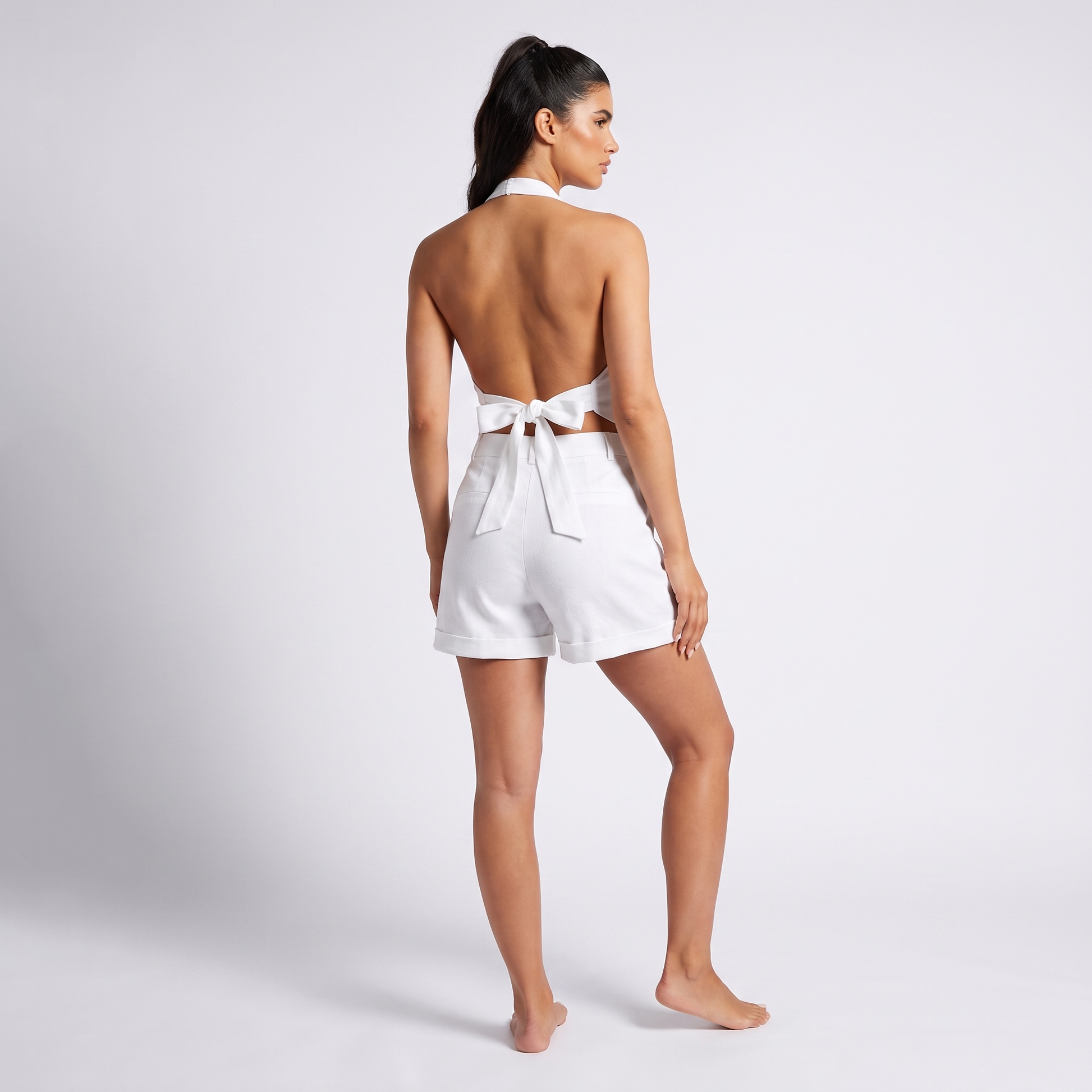White halter waistcoat set - open back with self-fabric bow at centre back