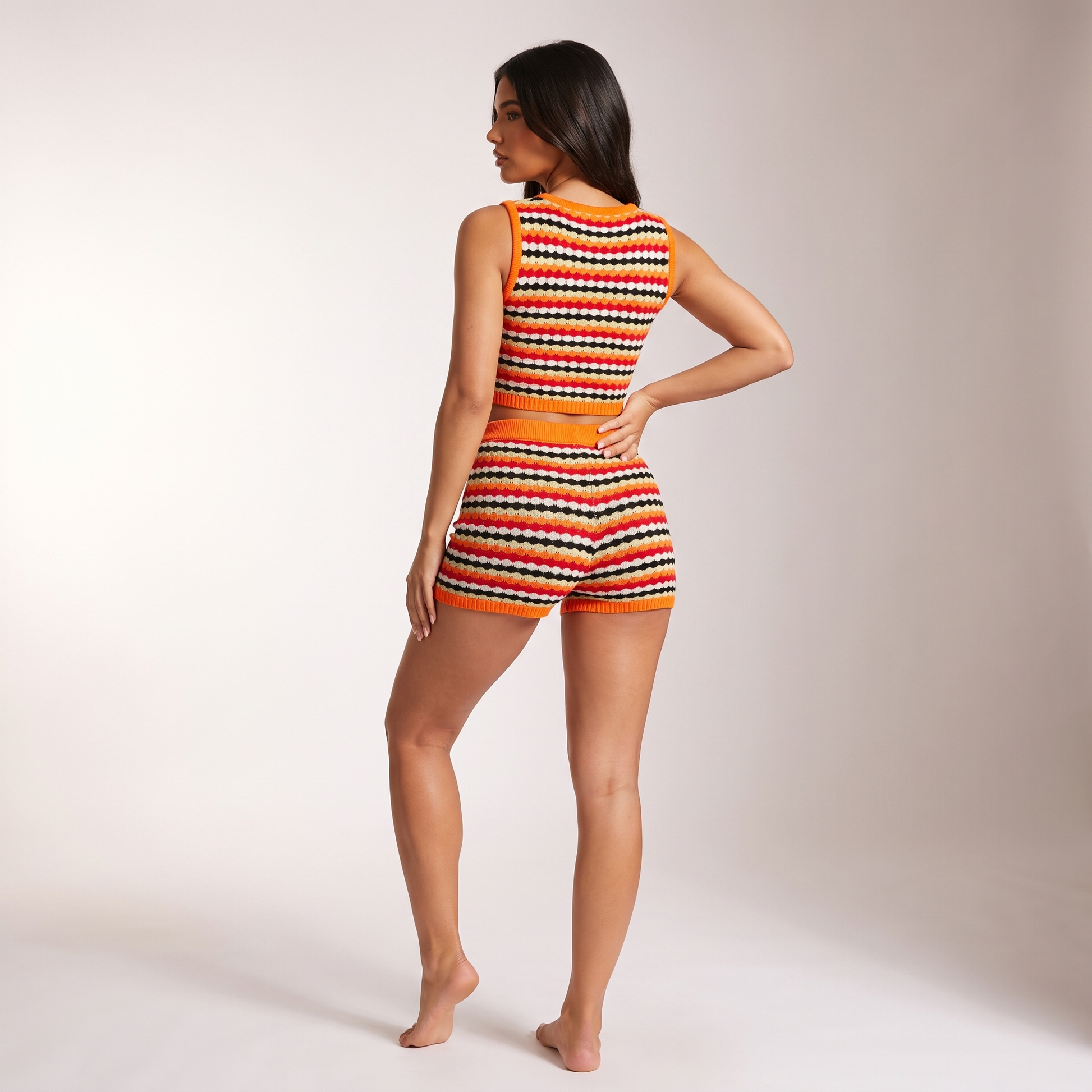 Orange red striped knitted set - back view