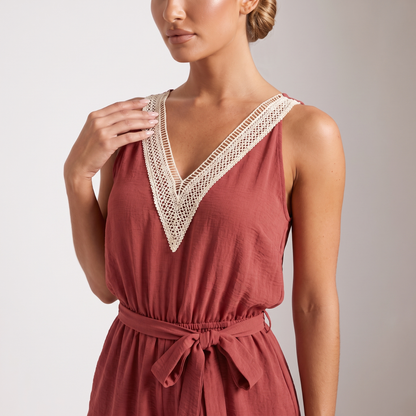 Lace V-neck playsuit, ivory crochet lace neckline trim detail