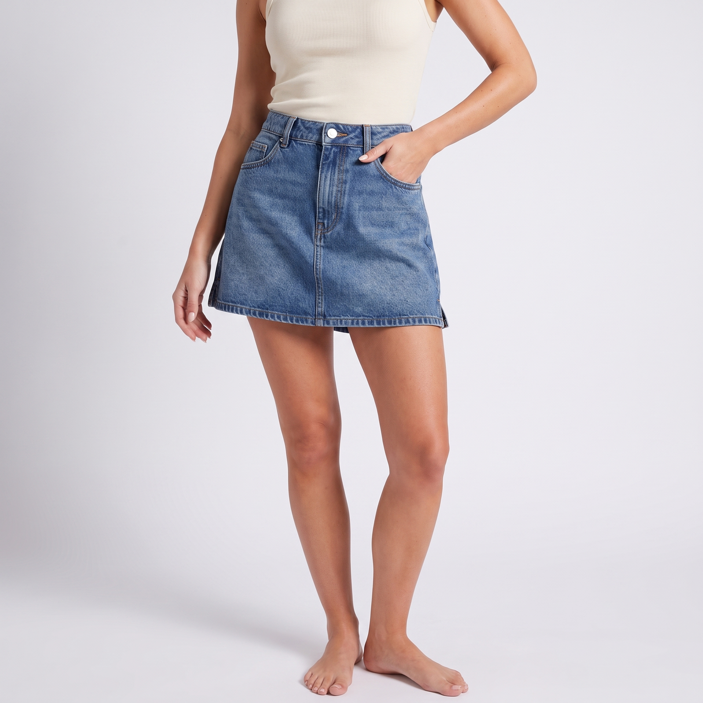 Denim A-line mini skort in blue - hero detail