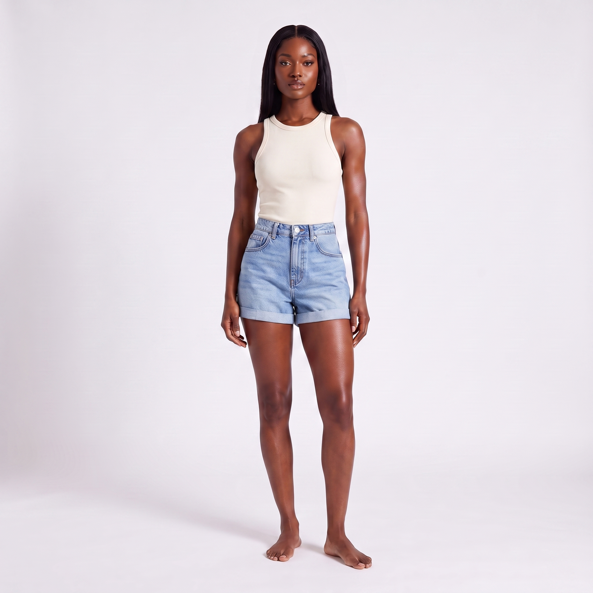 Maeve high-waisted rolled-hem denim shorts light blue - full look