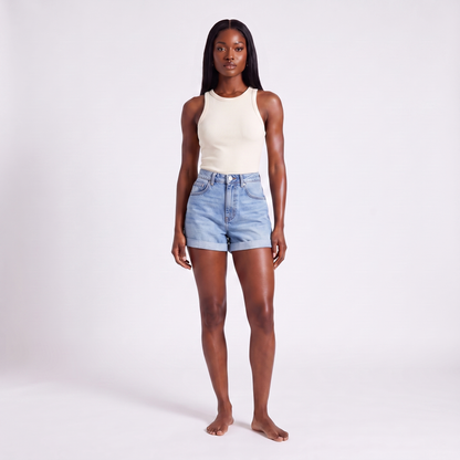 Maeve high-waisted rolled-hem denim shorts light blue - full look