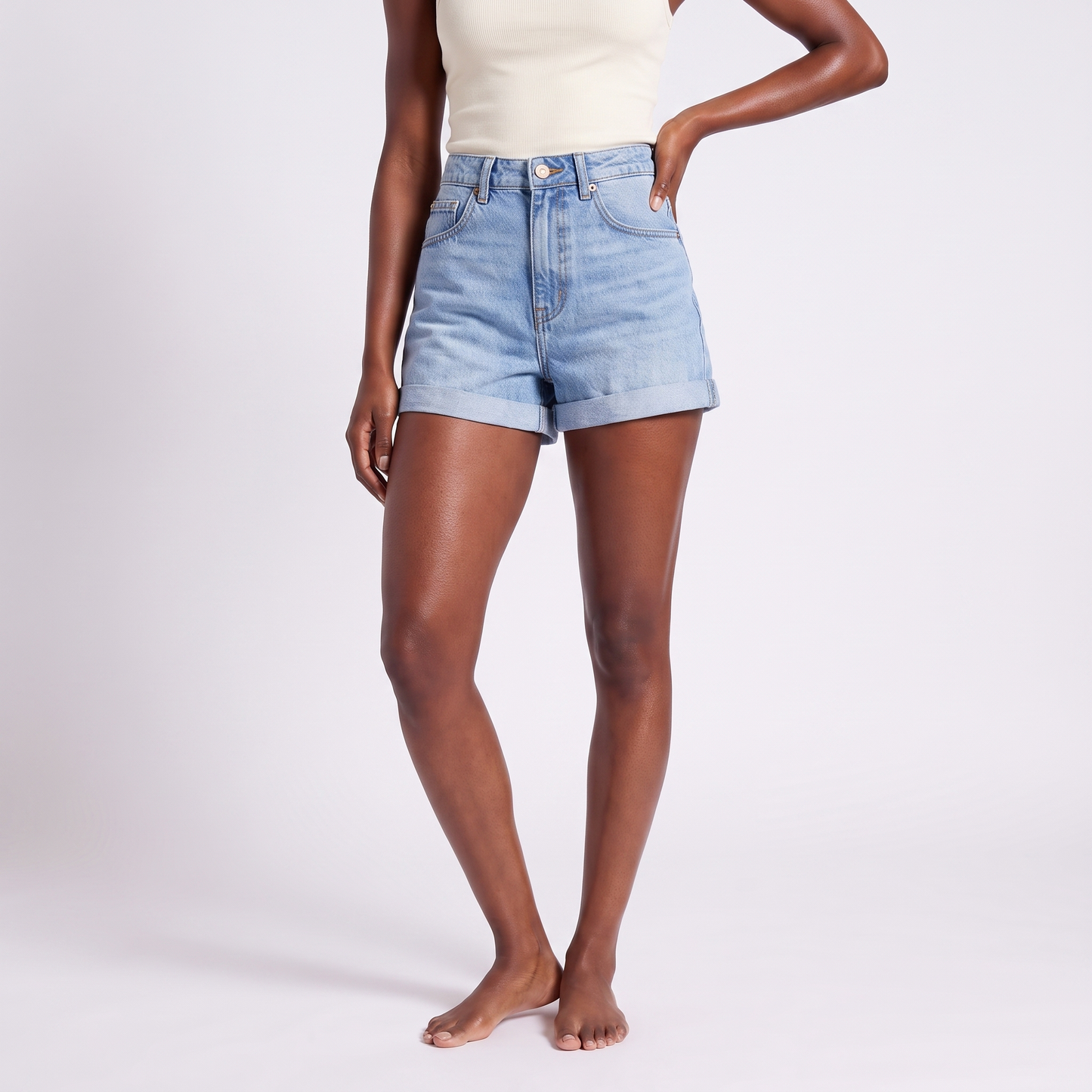 Maeve high-waisted rolled-hem denim shorts light blue - three quarter