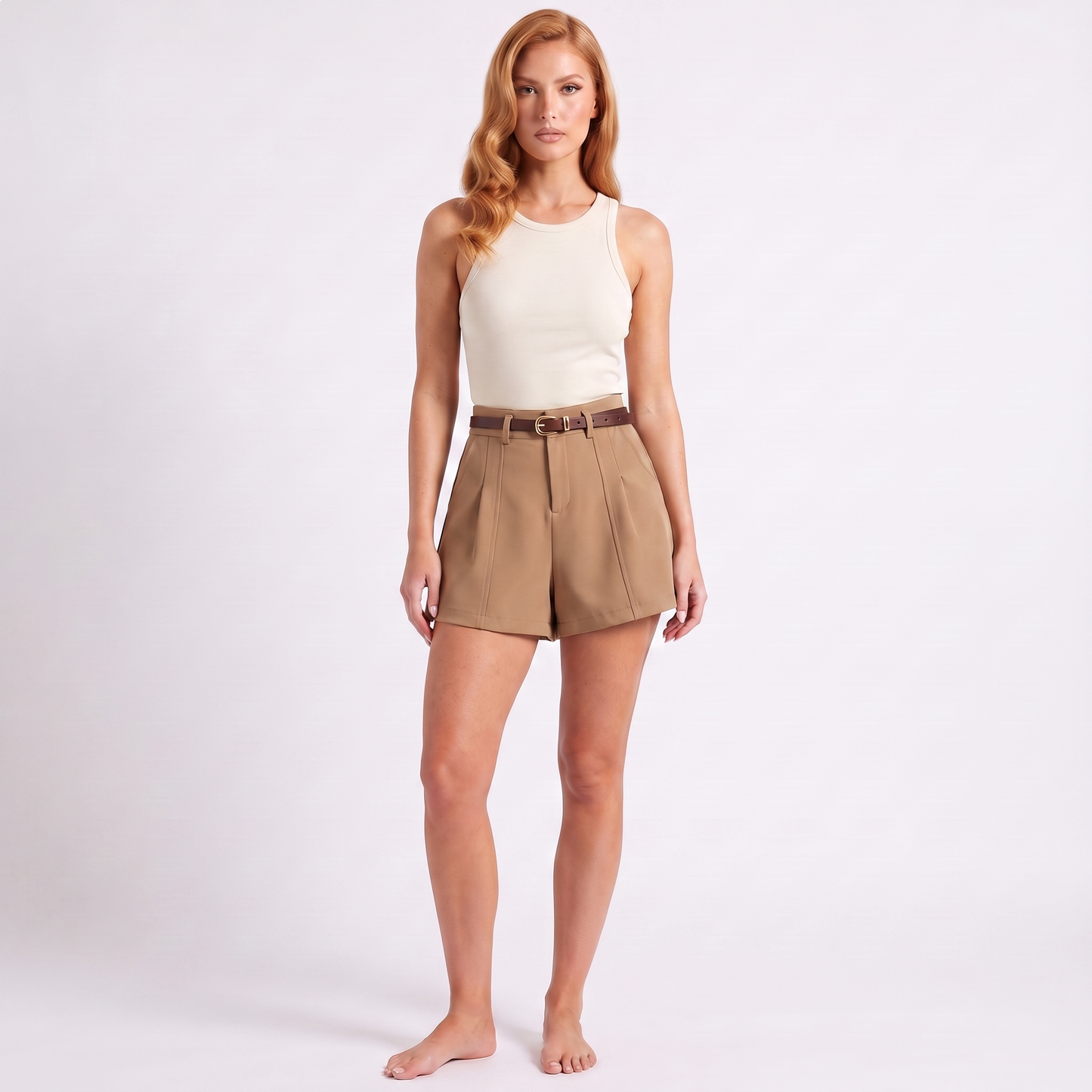 Maeve tailored belted shorts khaki - full look