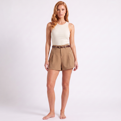 Maeve tailored belted shorts khaki - full look