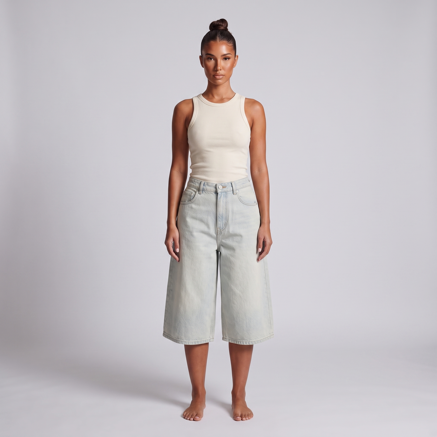 Maeve wide-leg denim jorts light blue - full look