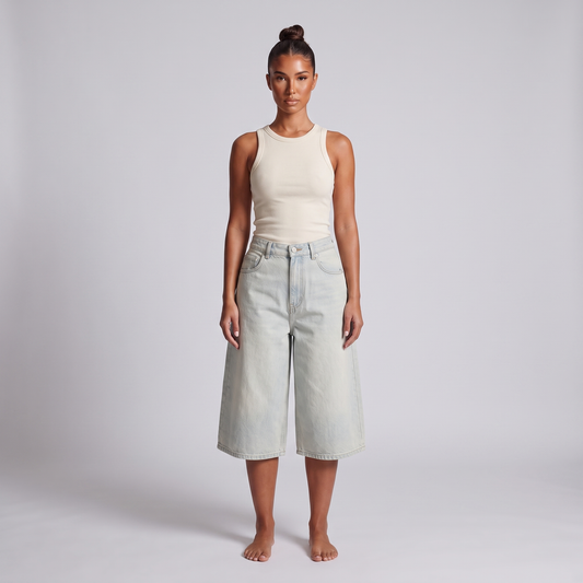 Maeve wide-leg denim jorts light blue - full look