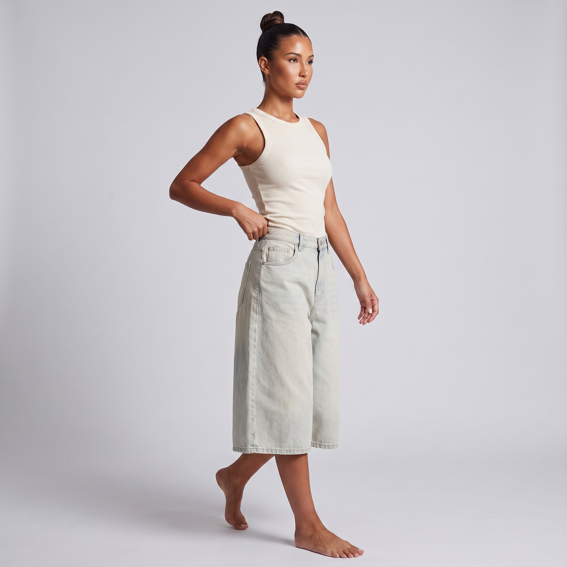 Maeve wide-leg denim jorts light blue - three quarter