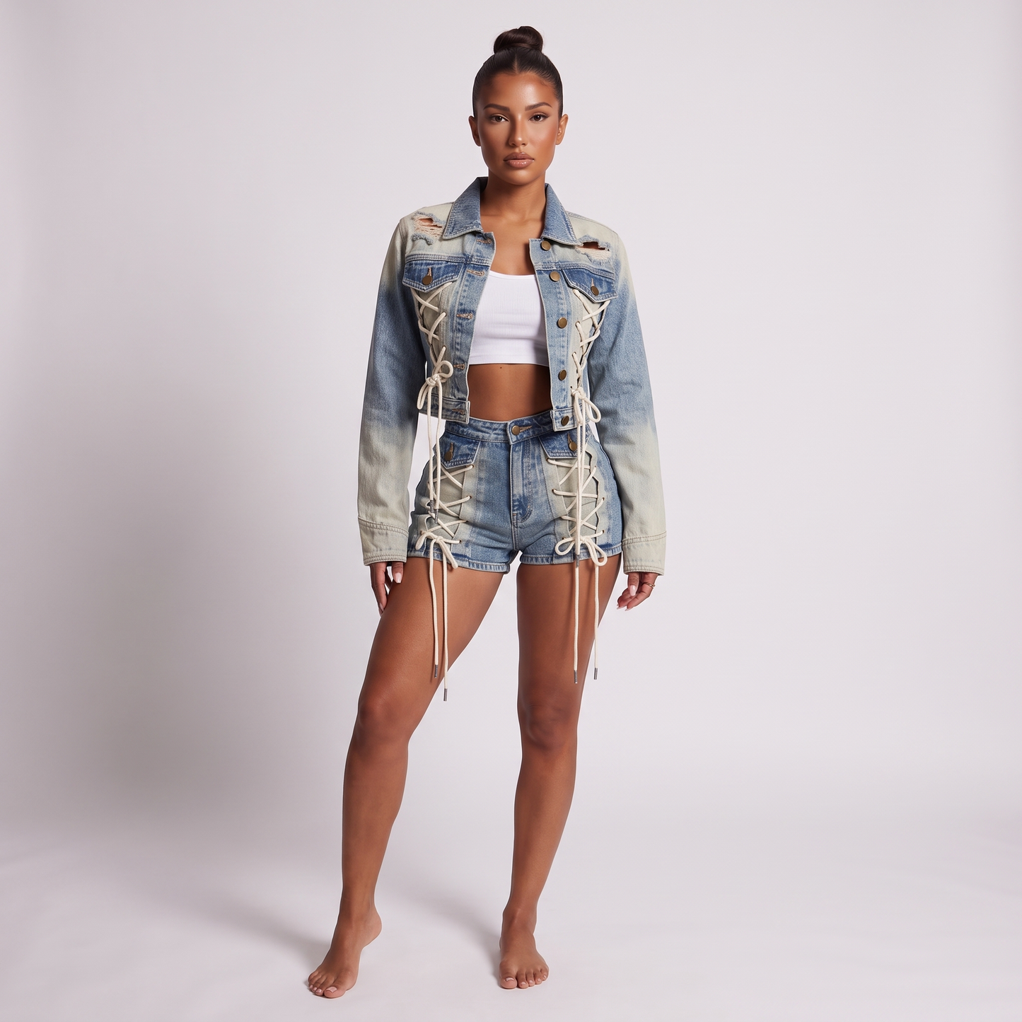 Full look - denim lace-up jacket and shorts set, blue