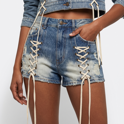 Lace-up denim shorts detail
