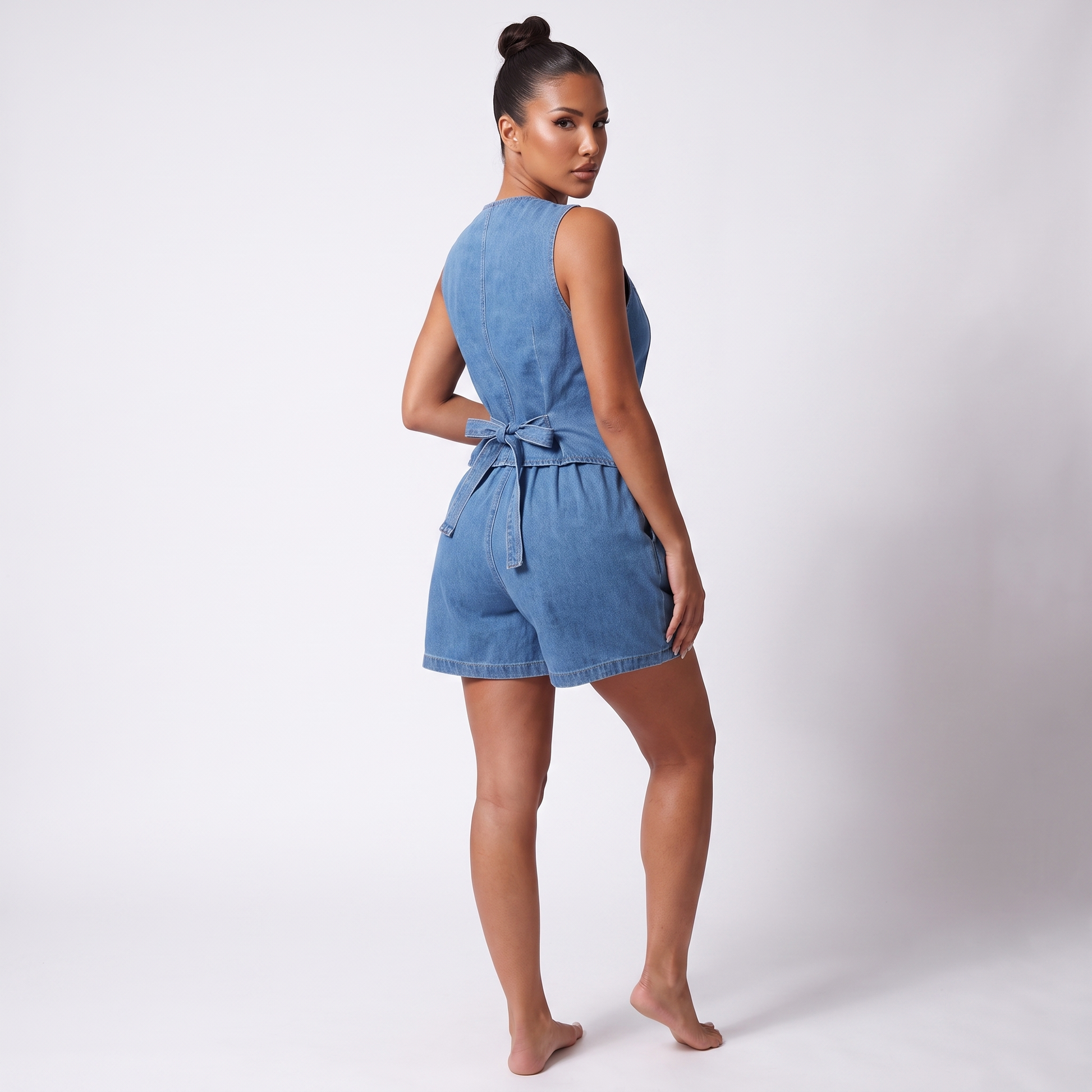 Back view - denim waistcoat and tie-back shorts, blue