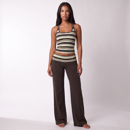 Brown striped tank and full-length wide-leg trousers set - full look