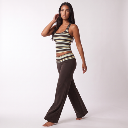 Three-quarter view of the brown striped set
