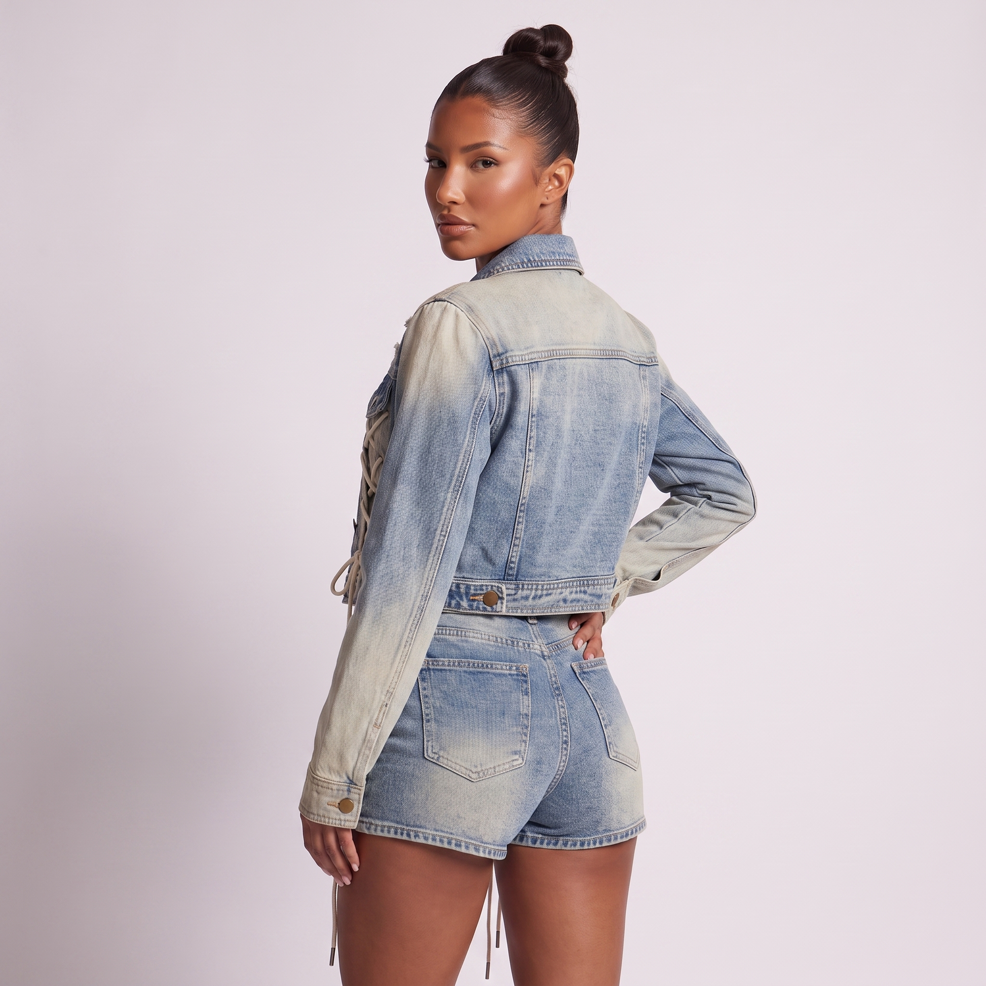 Maeve Drawstring Lace-Up Shorts & Jacket, Blue - rear view, face visible