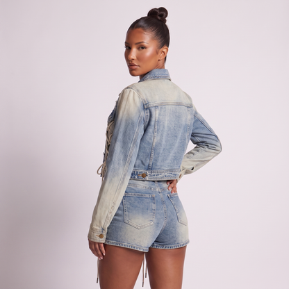 Maeve Drawstring Lace-Up Shorts & Jacket, Blue - rear view, face visible