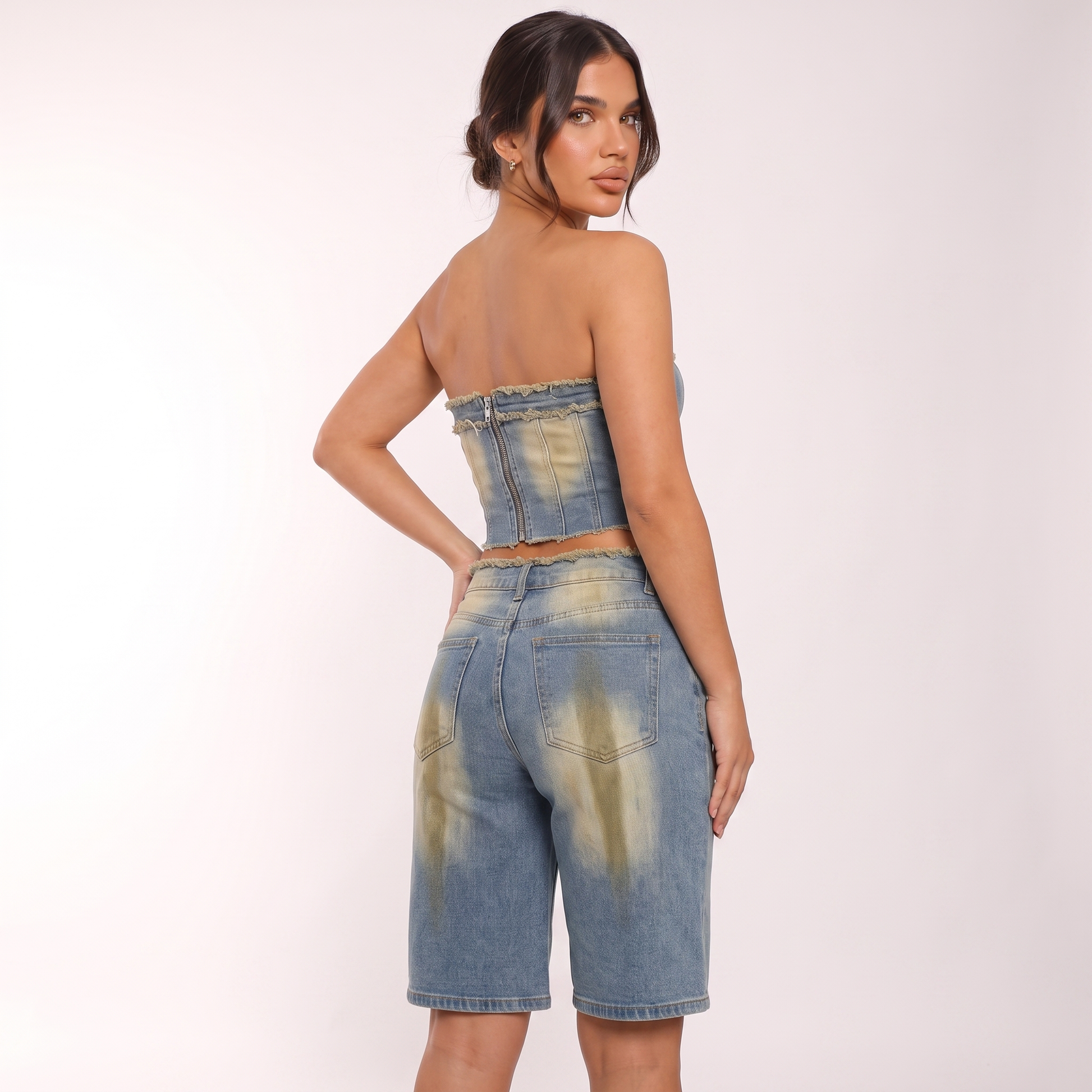 Maeve denim two-piece - rear view, exposed centre-back zip