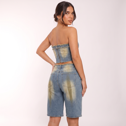 Maeve denim two-piece - rear view, exposed centre-back zip