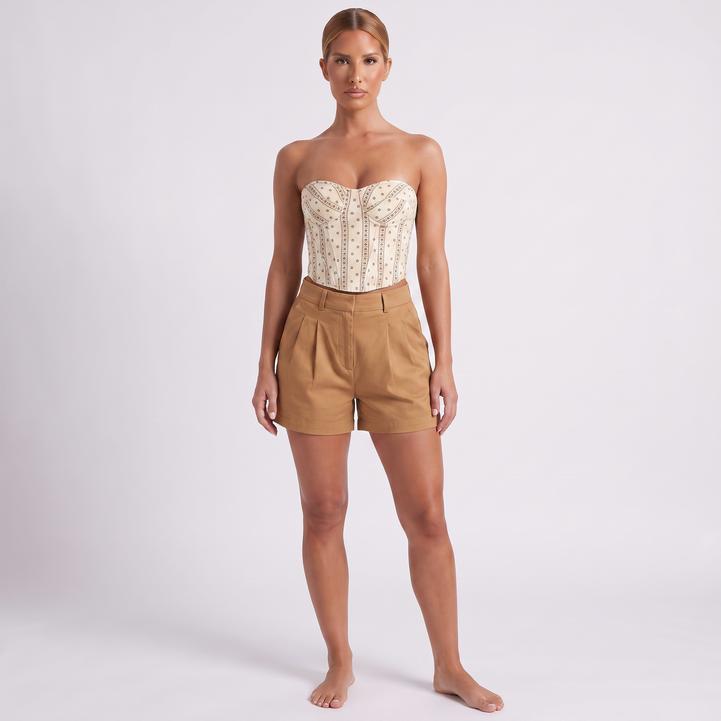 Maeve ethnic-print strapless top & camel shorts set - full look