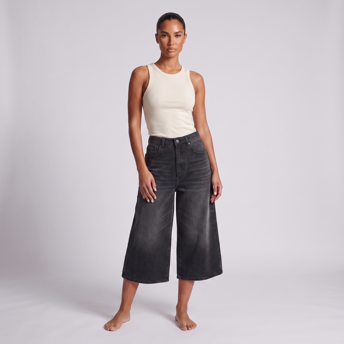 Maeve wide-leg cropped denim culotte dark blue (washed black) - full front
