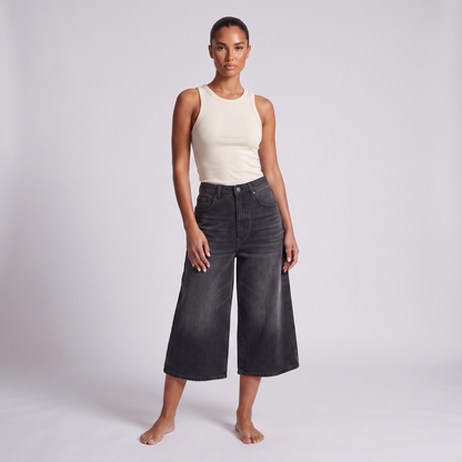 Maeve wide-leg cropped denim culotte dark blue (washed black) - full front