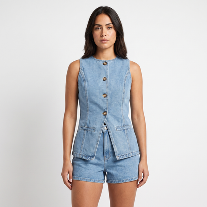 Maeve sleeveless denim waistcoat Light Blue - top detail, four flat tortoiseshell horn buttons, flap pockets below waist button