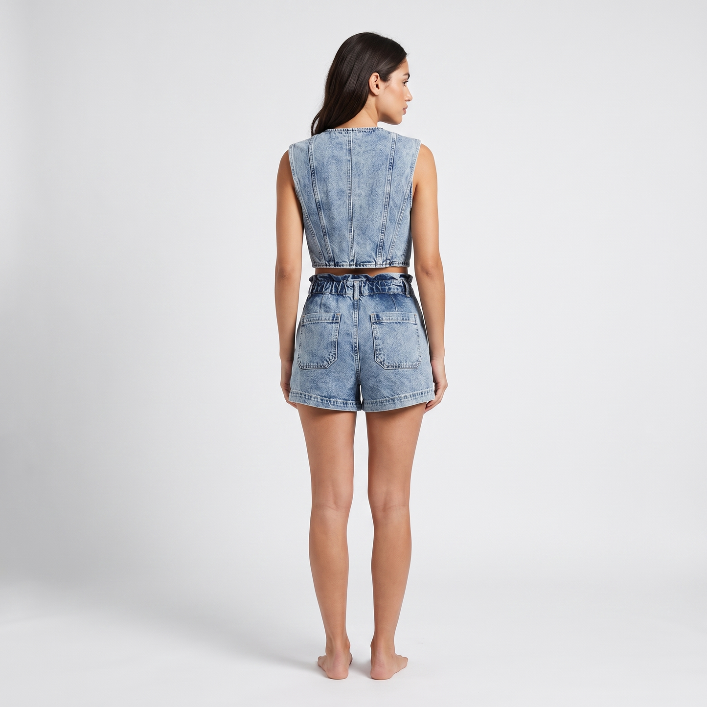 Washed denim vest and shorts set - back view, plain vest back, two patch pockets on shorts