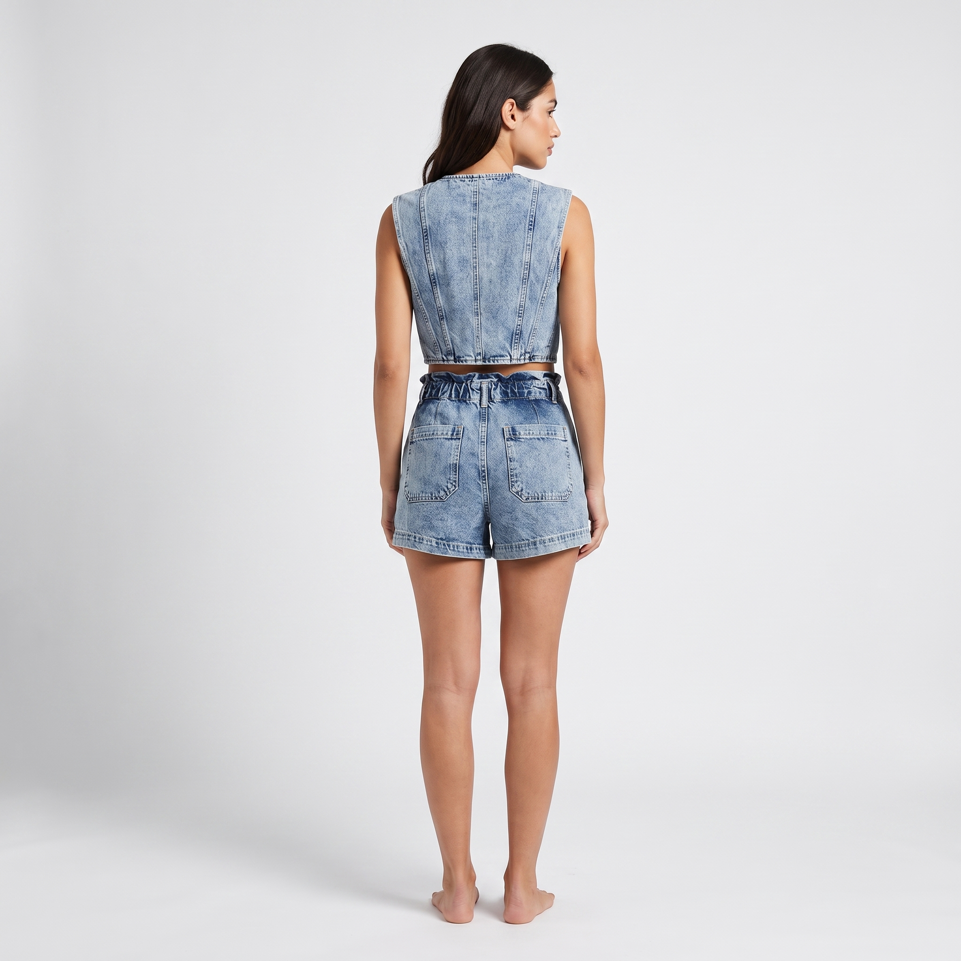 Washed denim vest and shorts set - back view, plain vest back, two patch pockets on shorts