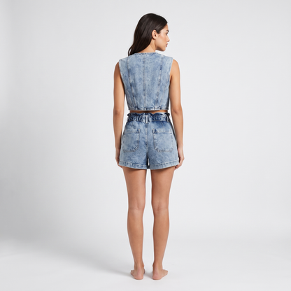 Washed denim vest and shorts set - back view, plain vest back, two patch pockets on shorts