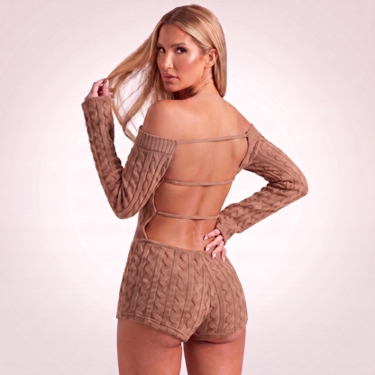 Maeve cable-knit jumpsuit Brown - open back with three straps