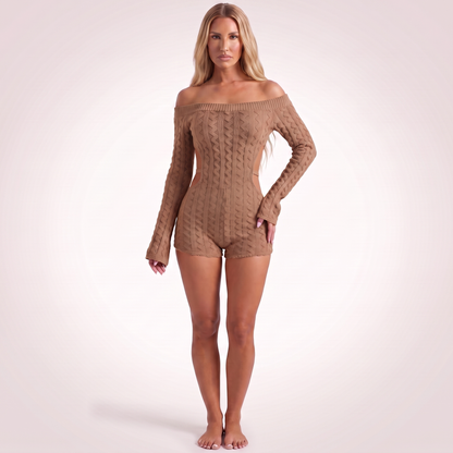 Maeve cable-knit playsuit Brown - full look, small side notches with straps