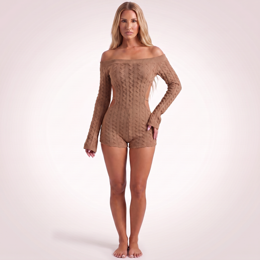 Maeve cable-knit playsuit Brown - full look, small side notches with straps