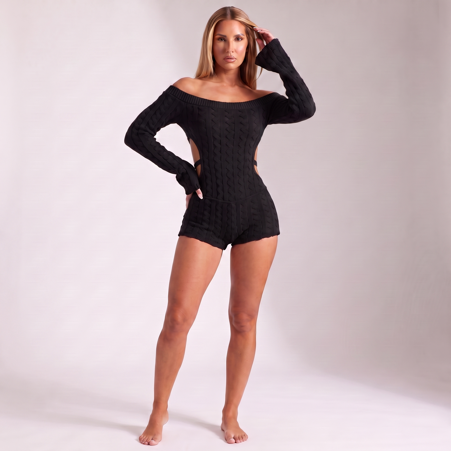 Maeve cable-knit playsuit Black - small side notches with straps