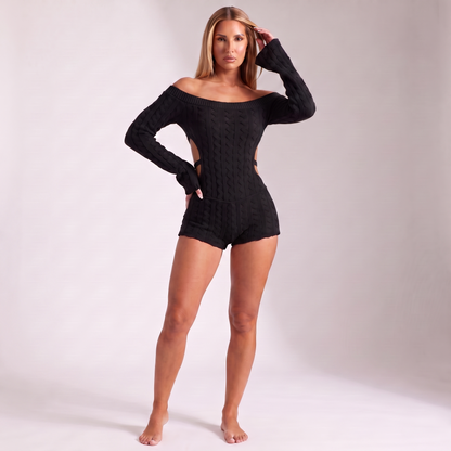 Maeve cable-knit playsuit Black - small side notches with straps